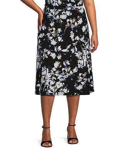 Kasper Plus Size Crepe Floral Print Flare Hem A-Line Midi Skirt