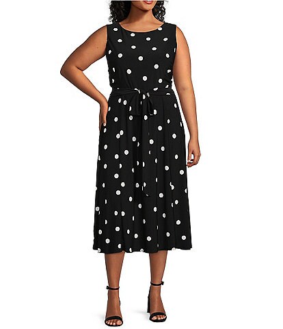 Kasper Plus Size Dotted Print Crew Neck Sleeveless Belted A-Line Dress