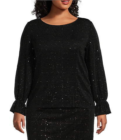 Kasper Plus Size Embellished Bateau Neck Long Sleeve Top