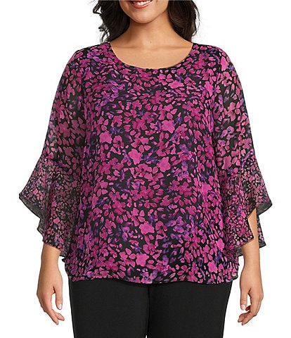 Kasper Plus Size Floral Chiffon Boat Neck 3/4 Ruffle Sleeve Blouse