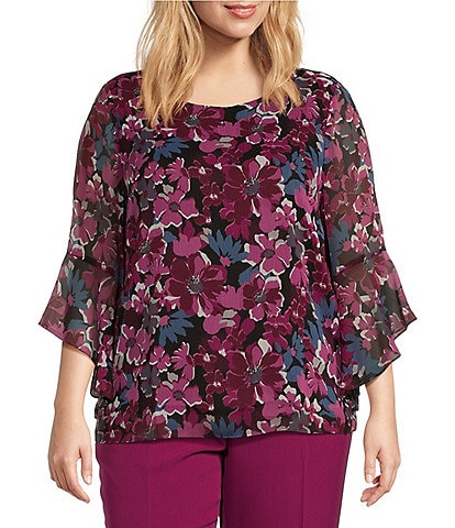 Kasper Plus Size Floral Crew Neck 3/4 Ruffle Sleeve Blouse