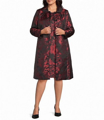 Kasper Plus Size Floral Jacquard Point Collar Button Front Topper