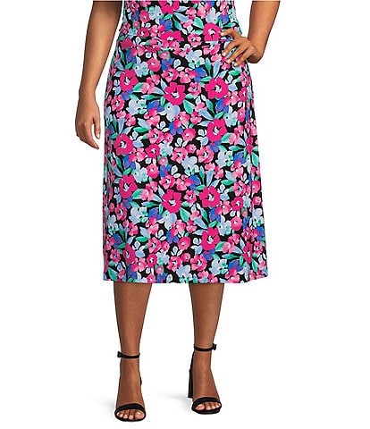Kasper Plus Size Floral Print A-Line Midi Skirt