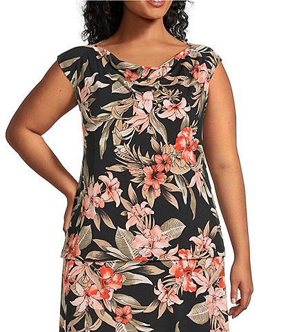 Kasper Plus Size Floral Print Cowl Neck Raglan Cap Sleeve Top