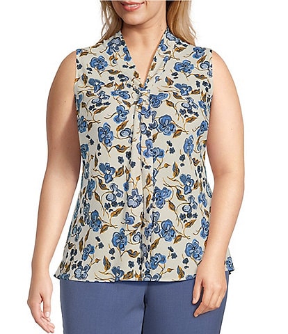 Kasper Plus Size Floral Print Crepe Tie Front Neck Sleeveless Fitted Blouse