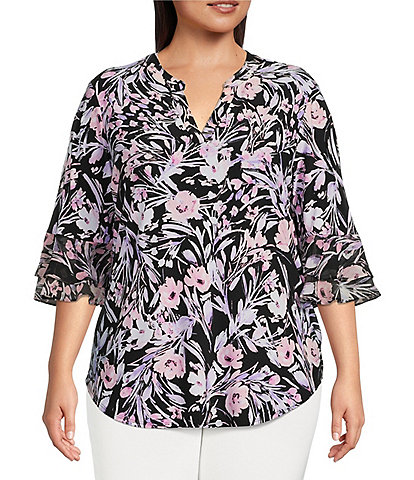 Kasper Plus Size Floral Print Knit 3/4 Flutter Sleeve Tunic