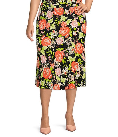 Kasper Plus Size Floral Print Midi Flared Coordinating A-Line Pull-On Skirt