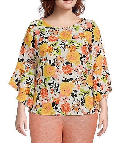 Kasper Plus Size Floral Printed 3/4 Ruffle Sleeve Round Neck Blouse
