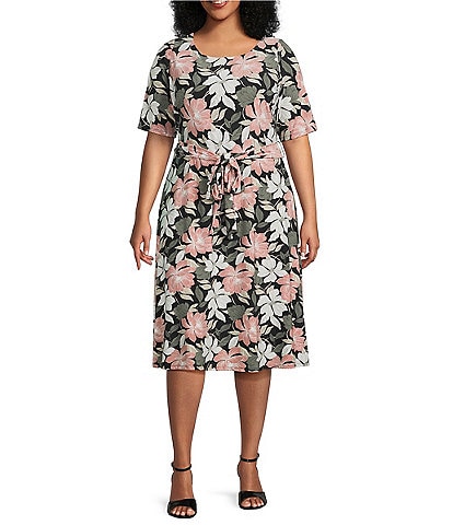 Kasper Plus Size Floral Short Sleeve Tie Waist Fit And Flare Midi Dress