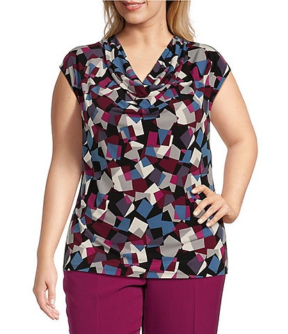 Kasper Plus Size Geometric Print Cowl Neck Cap Sleeve Fitted Knit Top