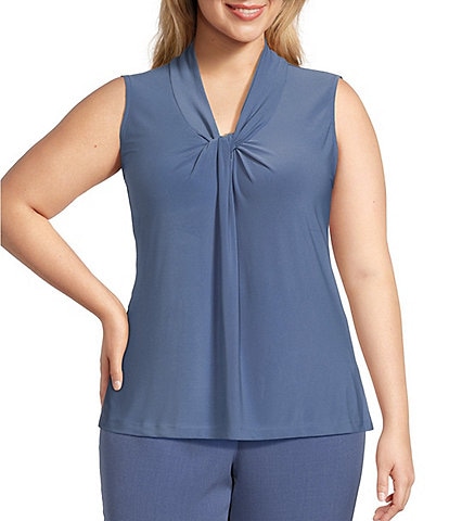 Kasper Plus Size ITY Knit V-Neck Sleeveless Coordinating Front Knot Detail Top