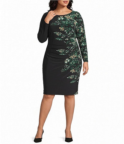 Kasper Plus Size Long Sleeve Printed Side Pleat Dress