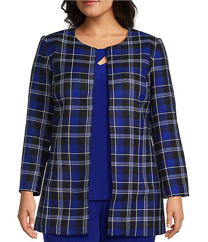 Kasper Plus Size Plaid Collarless Open Front Long Sleeve Topper Jacket