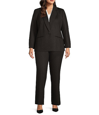 Kasper Plus Size Ponte Notch Collar Long Sleeve Welt Pocket Button Front Blazer & Ponte Knit Wide Waist Pull-On Trouser Suit