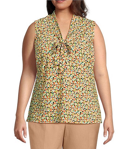 Kasper Plus Size Printed CDC Tie Neck Sleeveless Fitted Blouse