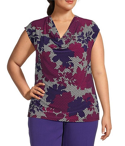 Kasper Plus Size Printed ITY Cowl Neck Cap Sleeves Blouse