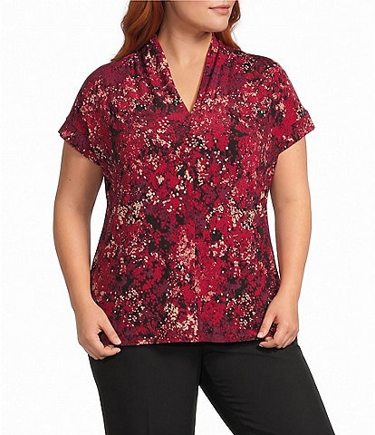 Kasper Plus Size Printed Jersey V-Neck Cap Sleeve Pullover Top