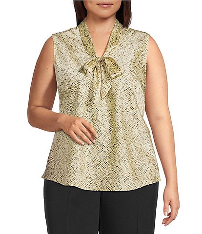 Kasper Plus Size Printed Satin Tie Neck Sleeveless Blouse