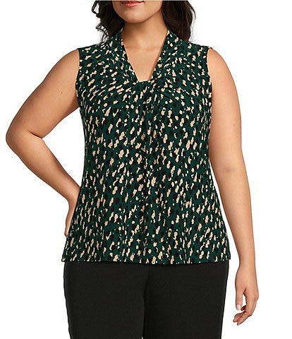 Kasper Plus Size Printed Sleeveless V-Neck Knot Front Blouse