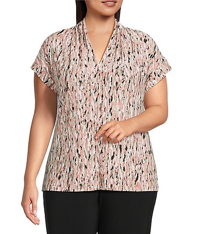 Kasper Plus Size Printed V-Neck Cap Sleeve Top