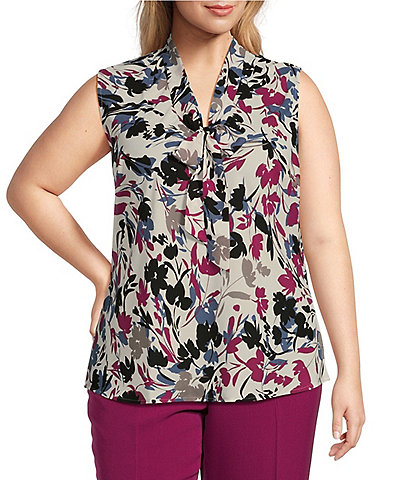 Kasper Plus Size Printed V-Neck Sleeveless Tie Front Blouse