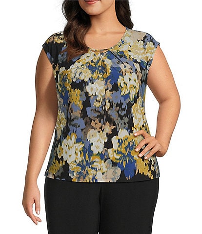 Kasper Plus Size Scoop Pleated Neck Hardware Detail Abstract Floral Printed Knit Jersey Blouse