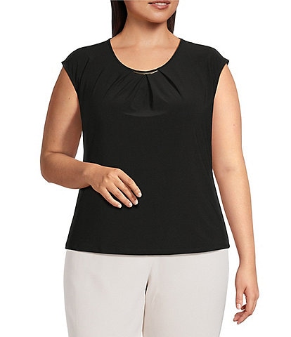 Kasper Plus Size Scoop Pleated Neck Hardware Detail Knit Blouse