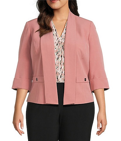 Kasper Plus Size Shawl Collar 3/4 Sleeve Open Front Crepe Jacket