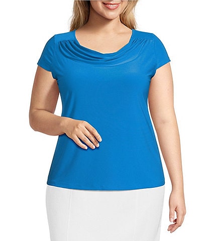 Kasper Plus Size Solid Draped Neck Short Sleeve Fitted Top
