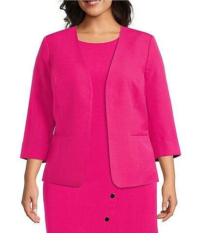 Kasper Plus Size Solid Stretch Crepe Open Front 3/4 Rolled Cuff Sleeve Coordinating Jacket