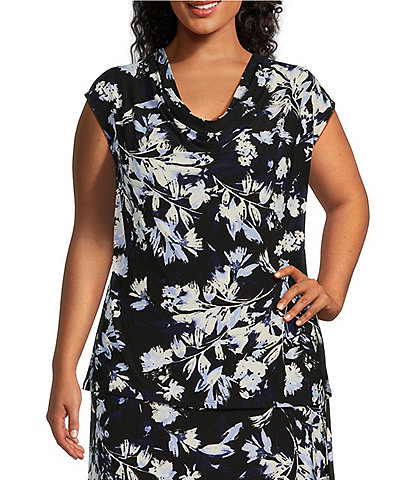 Kasper Plus Size Stretch Crepe Floral Print Cowl Neck Cap Sleeve Coordinating Blouse