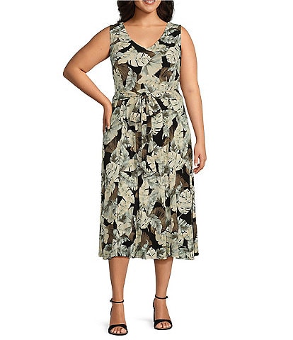 Kasper Plus Size Stretch Printed V-Neck Sleeveless Fit and Flare Dress