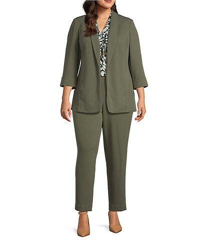 Kasper Plus Size Stretch Shawl Collar Long Sleeve Jacket & Coordinating Stretch Pull-On Slim Ankle Pants