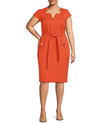 Kasper Plus Size V-Neck Cap Sleeve Belted Sheath Dress