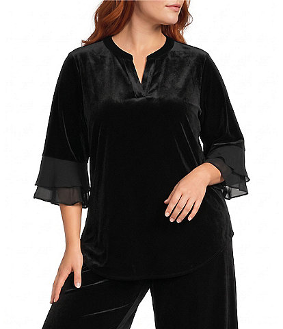 Kasper Plus Size Woven Split V-Neck 3/4 Sleeves Curved Hem Top