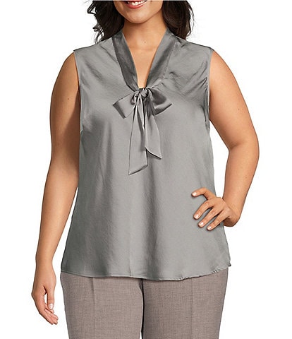 Kasper Plus Size Woven V-Neck Sleeveless Tie Front Blouse