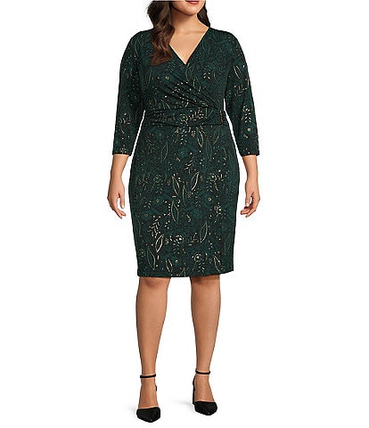 Kasper Plus Size Wrap V-Neck 3/4 Sleeve Pull-On Dress