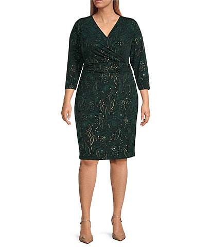 Kasper Plus Size Wrap V-Neck 3/4 Sleeve Pull-On Dress