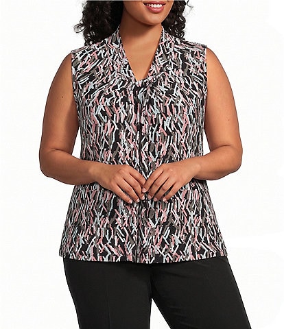 Kasper Plus Size Sleeveless Knot Front Printed Jersey Knit Blouse