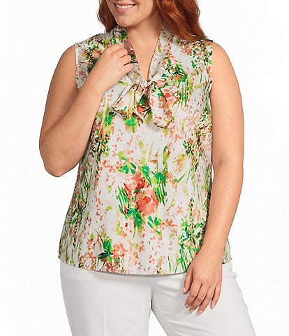 Kasper Plus Sleeveless Printed Tie Neck Satin Blouse
