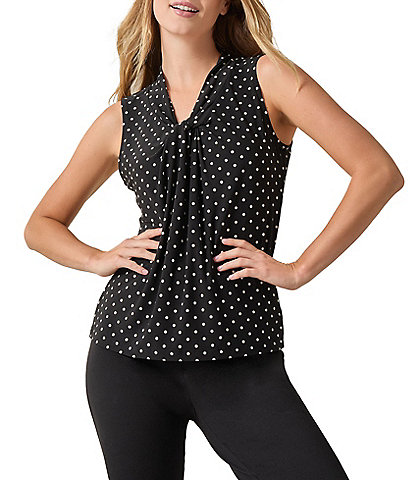 Kasper Polka Dot Printed Knot-Front V-Neck Sleeveless Blouse