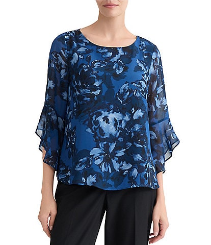 Kasper Printed Hammered Satin 3/4 Sleeve Blouse