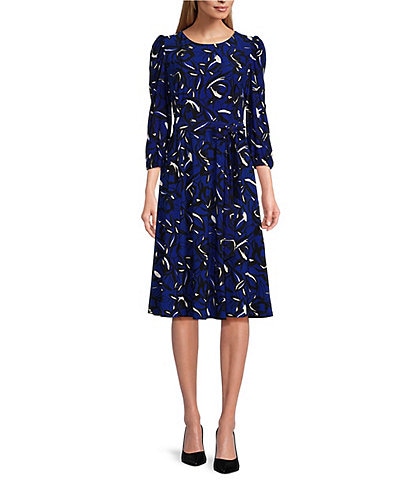 Kasper Printed ITY Crew Neck Puff Sleeve Fit & Flare Dress