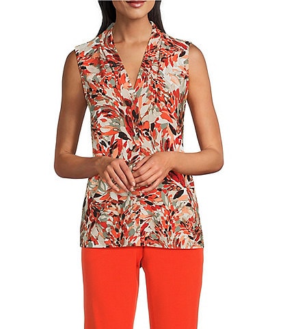 Kasper Printed Pleat V-Neck Sleeveless Top