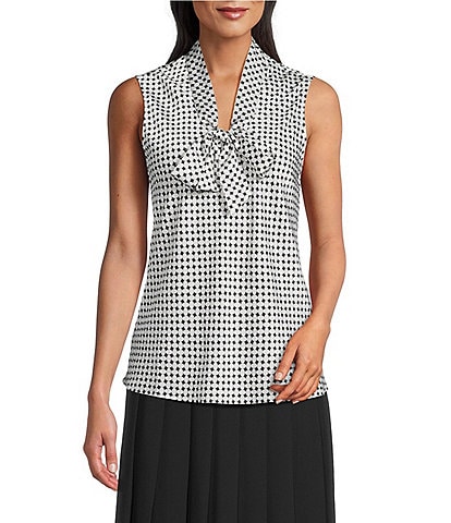 Kasper Printed Satin Bias Tie Neck Sleeveless Blouse
