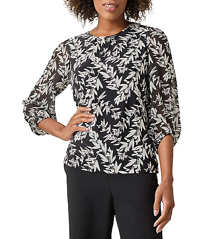 Kasper Printed Shirred Crew Neck Blouson 3/4 Sleeve Blouse