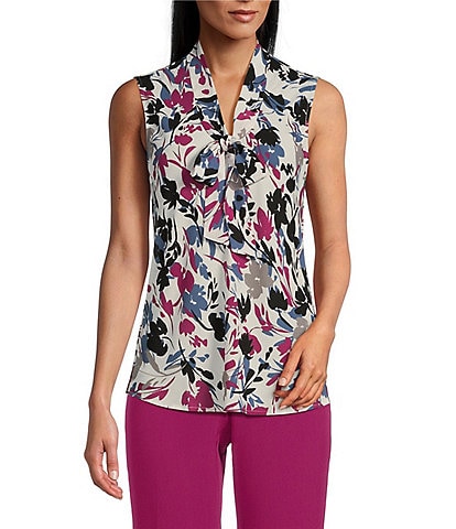 Kasper Printed V-Neck Sleeveless Tie Front Blouse