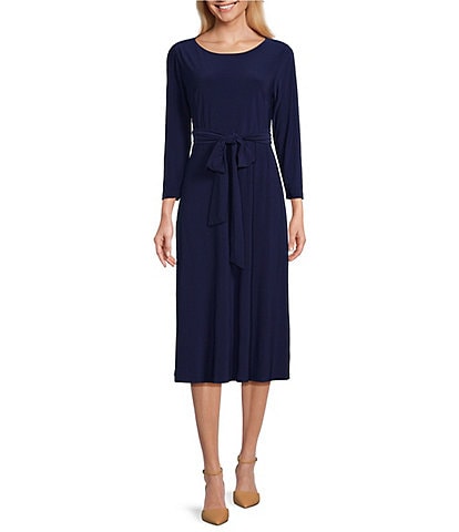 Kasper Round Neck 3/4 Sleeve Scoop Neck Belted Fit and Flare Midi Dress