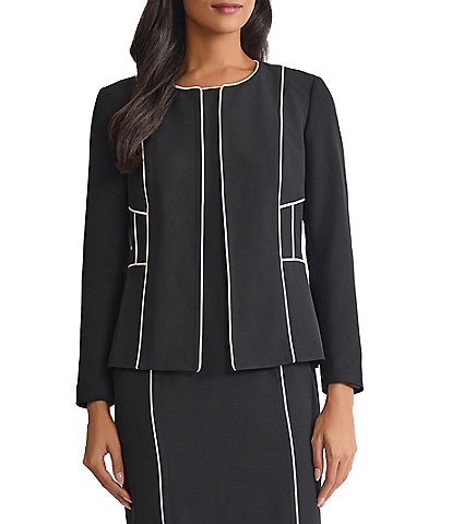 Kasper Round Neck Open Front Corded Contrast Piping Cardigan Blazer