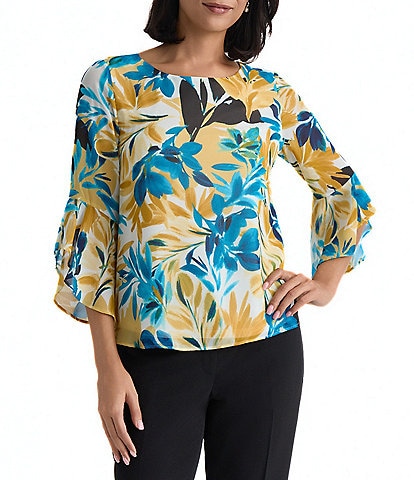Kasper Ruffle 3/4 Sleeve Printed Blouse